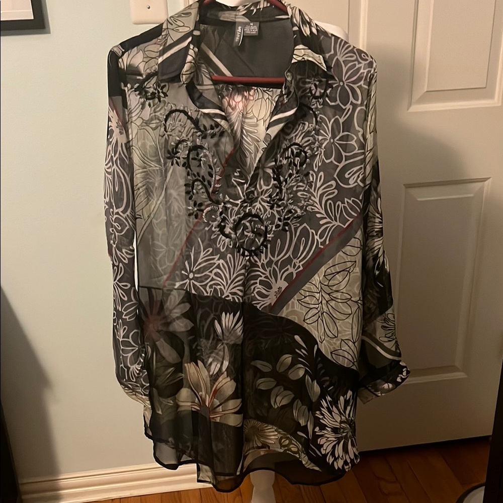 Floral Sheer Blouse with Black Accents